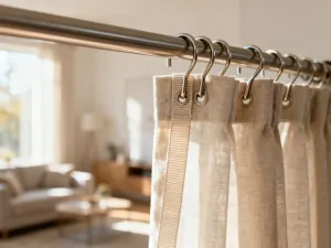 Beżowa roleta rzymska z widocznym mechanizmem sznurkowym i eleganckimi zakładkami materiału w słonecznym salonie.