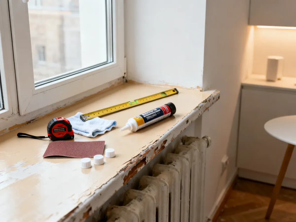 Narzędzia i materiały przygotowane do montażu nakładki na parapet