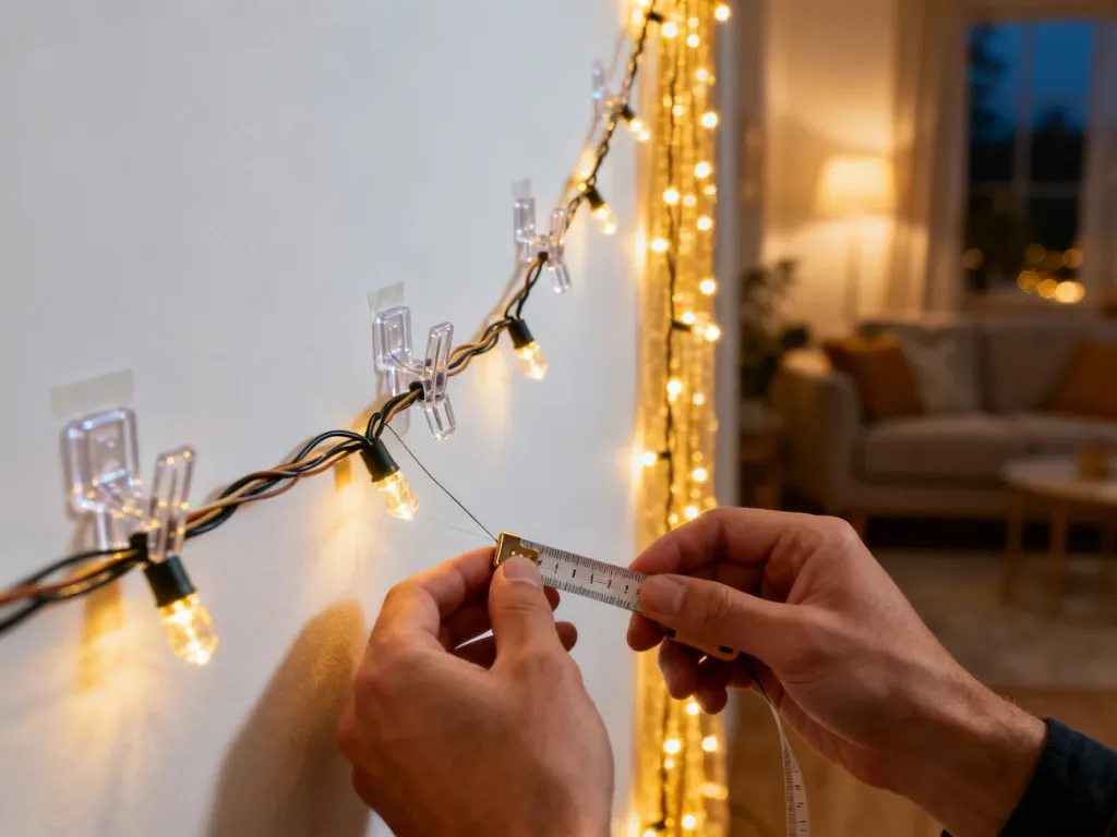 Dłonie montujące kurtynę świetlną na białej ścianie przy użyciu miarki i przezroczystych uchwytów w przytulnym salonie.
