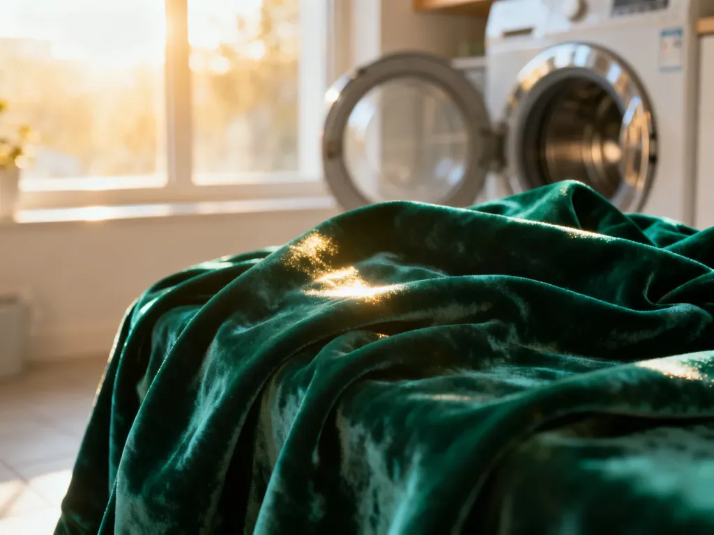 Zbliżenie na miękką, szmaragdową tkaninę welurową z widoczną fakturą, umieszczoną w jasnej pralni.